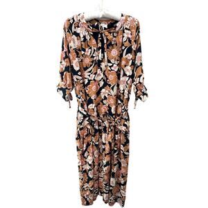 BOHME | Floral Midi Dress Black Rust Boho Tie Neck Belted Lined | Medium